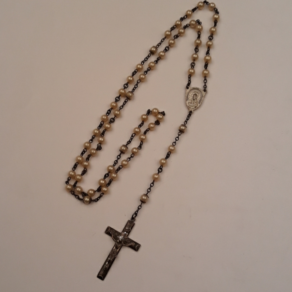 Vintage STERLING Silver Rosary Pearl Necklace INRI